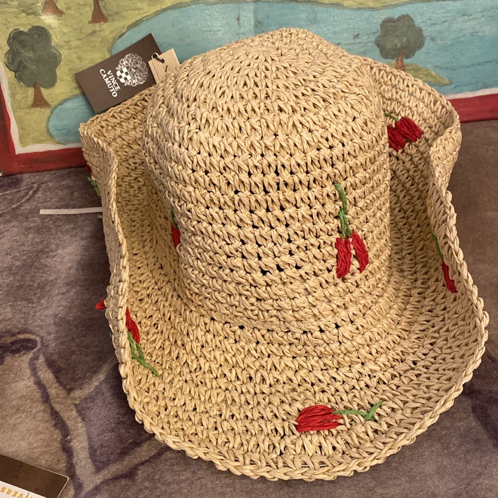 Vince Camuto Cream Cherry Red Sun Hat Fully Adjustable Shape New With Tags